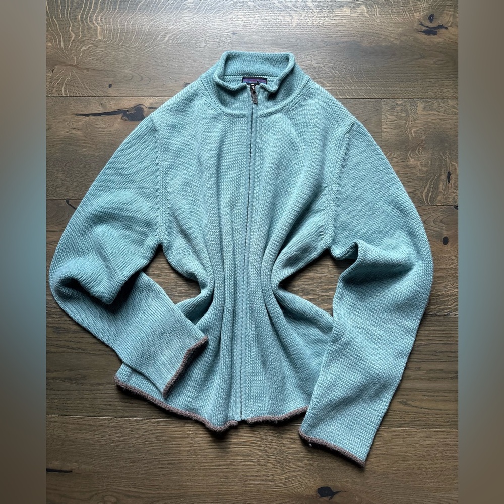 Patagonia Full Zip Mohair/Wool Blend Cardigan In Light Blue/Gray Trim Size L